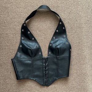 Princess Polly Black Halter Faux Leather Top in size US 6. pre-Owned